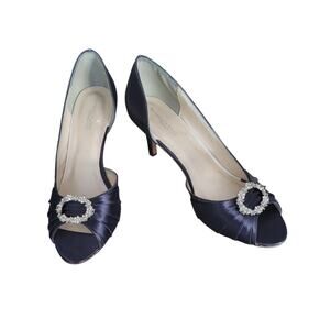Benjamin Walk Women's Peep Toe Blue Satin Dress Casual Heels w/ Rhinestone Sz 10